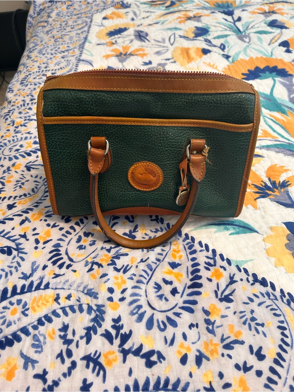Dooney & Bourke Dark Green Pebbled Leather Satchel with Tan Trim